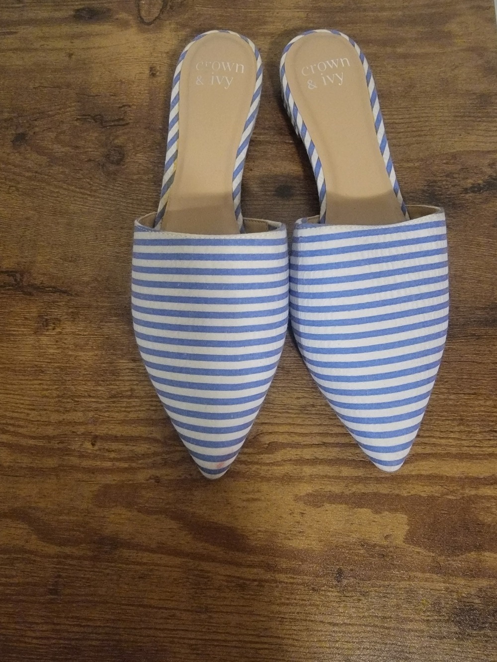 CROWN & IVY Blue and White Striped Pointed Mules Slides Shoes Sz 8 Worn Once